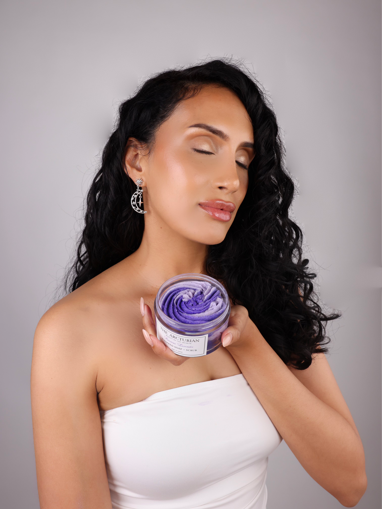 woman posing with The Arcturian Lavender Whipped Scrub