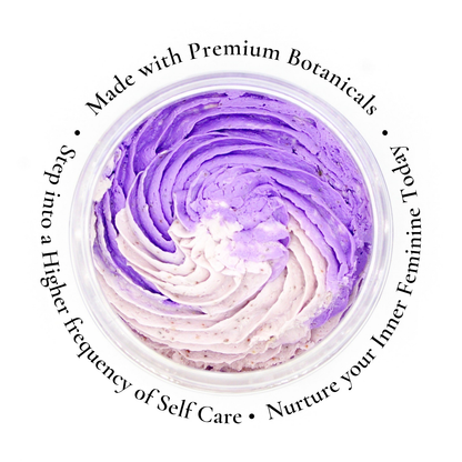 The Arcturian Lavender Whipped Scrub in a container with text about premium botanicals and self-care.